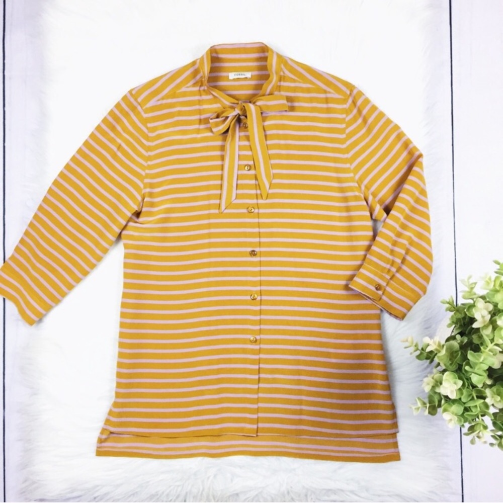 Fossil Yellow/Orange Stripe Top Silk Blouse 132